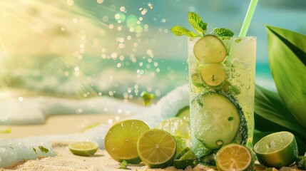 Canvas Print - A glass filled with lime and cucumber on a beach