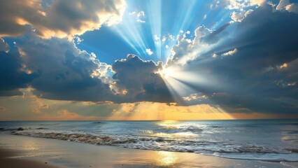 Canvas Print - Beautiful seascape. Dramatic sky with clouds and sunbeams