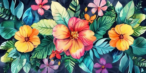 Wall Mural - illustration of 3 flowers in the middle and leaves, background illustration and wallpaper