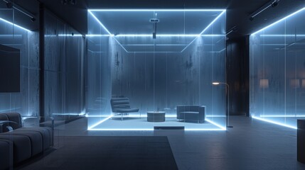 A modern talent agency with transparent audition rooms and bioluminescent signing areas, discovering stars, styled by idea24club