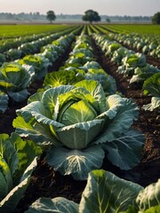 Focus on cabbage crops growing in expansive fields, a symbol of agriculture