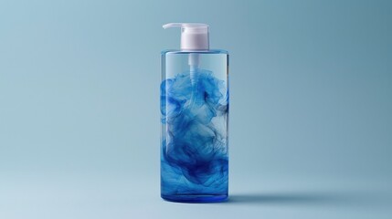 A clear plastic pump bottle with blue liquid on a gradient blue background, perfect for skincare or beauty product representation.