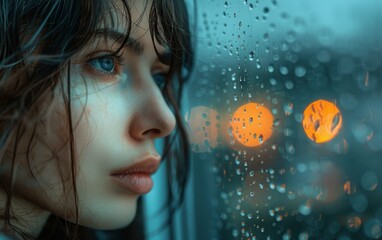 Poster - A woman with wet hair looking out a window at the rain. The raindrops on the window create a blurry effect, making the scene feel dreamy and melancholic