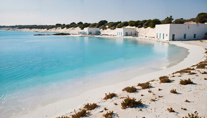 Wall Mural - Plage de sable blanc et eaux cristallines avec maisons blanches