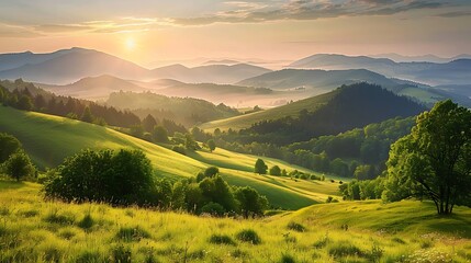 Wall Mural - Sunrise Over Misty Mountains