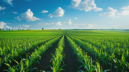 Wall Mural - Large corn fields under blue sky and white clouds