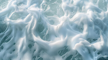 A close-up photograph of ocean waves, with detailed focus on the frothy white foam and light blue water, the texture capturing the dynamic movement of the waves