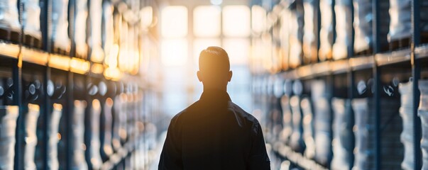 Poster - against the backdrop of a busy warehouse, the silhouette of a manager oversees the organized rows of