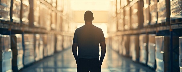 Poster - Against the backdrop of a busy warehouse, the silhouette of a manager oversees the organized rows of cargo, emphasizing the importance of logistics in maintaining a smooth operation. The scene