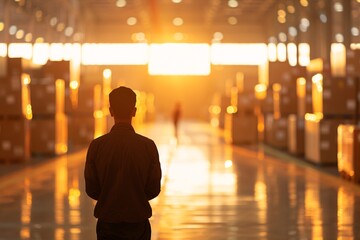 Poster - In a well-lit warehouse, the silhouette of a manager is seen overseeing cargo operations. The orderly arrangement of the logistics environment provides ample copy space for messaging.