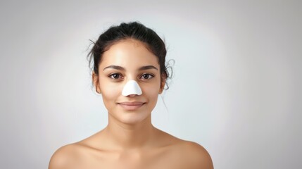 an indian woman with a nose patch for a horrendous skin white background beauty treatment concept