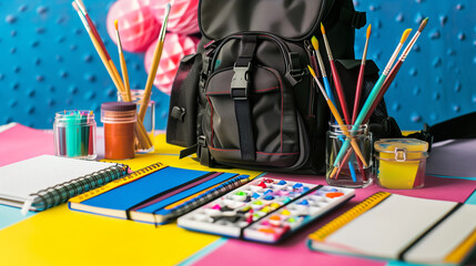 Creative back to school setup with a backpack, colorful pencils, paintbrushes, and notebooks, arranged artistically on a bright surface 