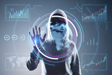 Wall Mural - Hacker using digital business interface on gray background. Hacking and dashboard concept. Double exposure.