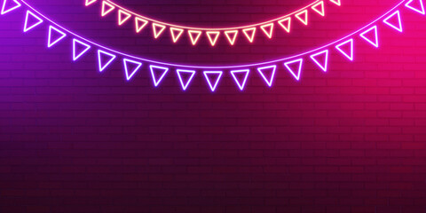 Poster - Creative festive neon decoration on bright pink illuminated brick wall background with mock up place. Celebrations concept. 3D Rendering.