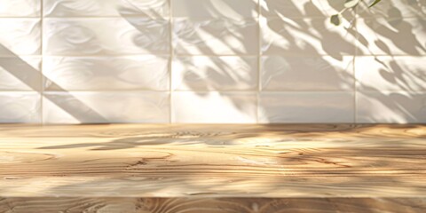 Sticker - 1. A close-up of a beautifully textured oak wood kitchen counter top, bathed in warm morning sunlight. The surface is smooth and inviting, with intricate wood grain patterns. Soft shadows of leafy