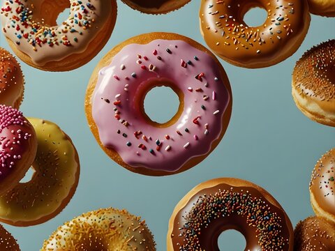 flying delicious classic donuts, sweet fast food concept in motionwith white background