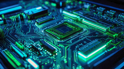 Poster - Close-up of a futuristic circuit board glowing with green and blue lights