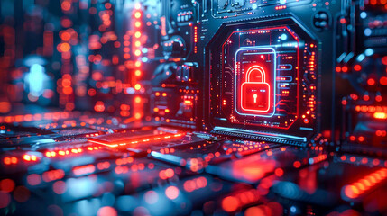 Poster - A glowing padlock on a digital circuit board, symbolizing cybersecurity and data protection