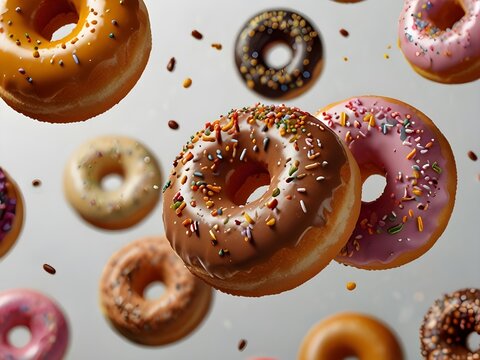 flying delicious classic donuts, sweet fast food concept in motionwith white background
