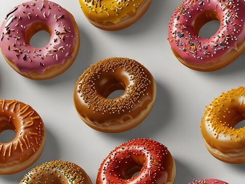 flying delicious classic donuts, sweet fast food concept in motionwith white background