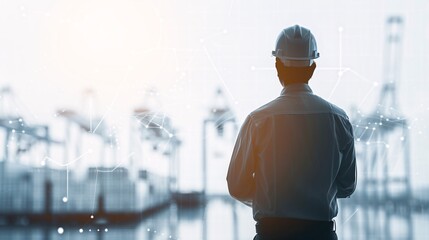 Poster - A silhouette of a supply chain manager stands confidently against a backdrop of interconnected shipment routes and networks, with ample copy space for text or branding.