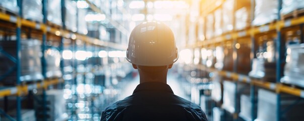 Poster - the silhouette of a supply chain manager overlooks a network of interconnected warehouses, symbolizi