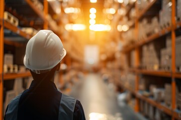 Poster - The silhouette of a supply chain manager reviews a map of interconnected warehouses and distribution centers, symbolizing logistical efficiency, with ample copy space.