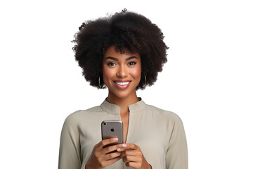 Portrait of a beautiful young African American woman holding a phone isolated on transparent background PNG