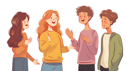 Poster - A girl waving her hands and talking to 2 other people, white background,