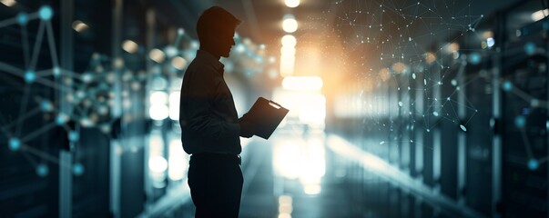 Poster - The silhouette of a manager holds a clipboard, overseeing the intricate web of supply chain networks and shipments.