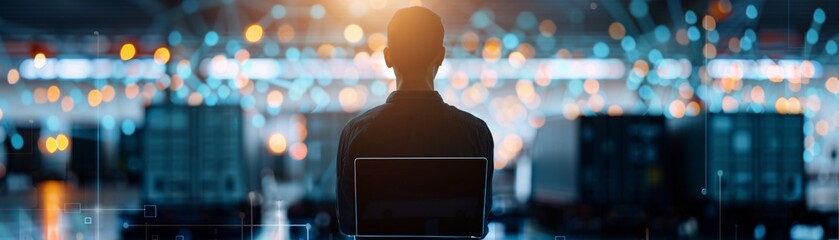 Poster - The silhouette of a manager with a laptop stands before a complex web of shipment routes and supply chain networks.