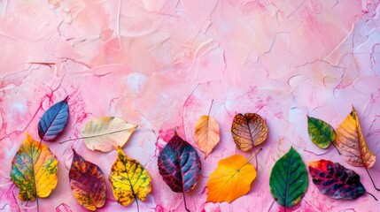 Poster - assortment of colorful autumn leaves arranged and empty abstract color space center for text