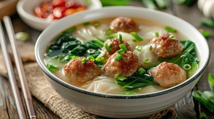 Wall Mural - Delicious meatball soup garnished with fresh greens.