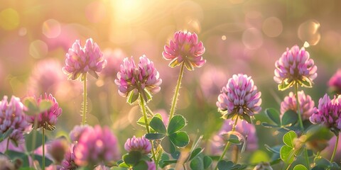 Wall Mural - Close-up view of vibrant clover flowers in a field with warm bright sunlight on a blurry background. A photo concept that creates a peaceful and serene atmosphere