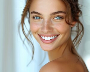 Poster - A woman with a big smile and blue eyes. AI.