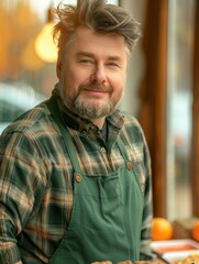 Sticker - Bearded man in a green apron and plaid shirt smiles at the camera. AI.