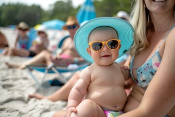 Canvas Print - A baby wearing sunglasses and a blue hat sits on a beach. AI.