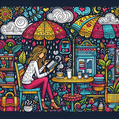 Doodle Art Cartoon of Cozy Café
