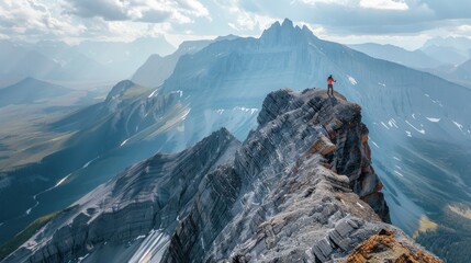 Wall Mural - Lone Hiker on a Mountain Peak with a Stunning View