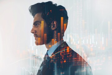 Wall Mural - A professional businessman overlaid with a stock graph in a double exposure effect, with plenty of copy space. This image emphasizes financial insight and business intelligence.