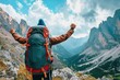 © kitipol - An ecstatic traveler with a backpack pauses to enjoy the stunning mountain vista, capturing the thrill of adventure and the beauty of nature, with ample space for custom text or branding.