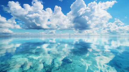 Poster - Crystal clear ocean water reflecting a bright blue sky with fluffy clouds.