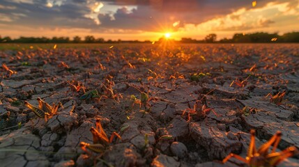 Poster - Sunset over a Field of Grasshoppers