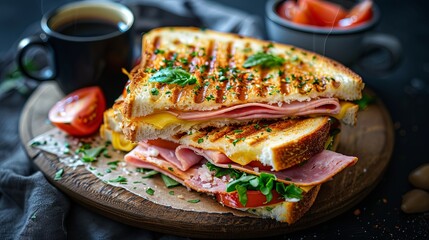 Wall Mural - Grilled Ham And Cheese Sandwich On Wooden Board