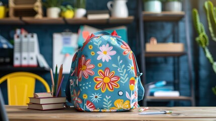 Sticker - Colorful Backpack on a Wooden Desk