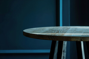 Aufkleber - Empty round wooden table top with blurred blue wall in the background