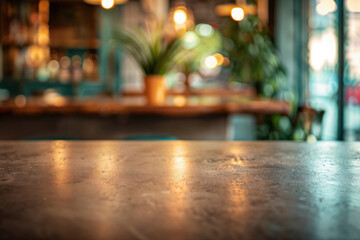Aufkleber - Empty table in a coffee shop with warm lighting reflecting on the surface