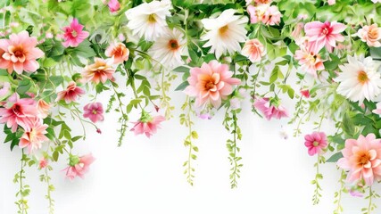 Summer flowers hanging against a white background