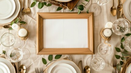 Poster - Embellished wooden photo frame with copy space on table set for special occasion with glassware plates and cutlery
