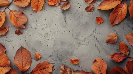 A flat lay autumn background with vibrant orange leaves and berries against a textured gray backdrop. Ideal for seasonal designs and nature themes.